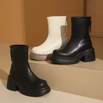 Осень и зима Новые однотонные модные сапоги на высоком каблуке с круглым носком и квадратным каблуком Элегантные сексуальные темпераментные женские сапоги 35