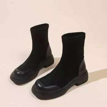 Осень и зима новые плоские ботинки Martin женские с круглым носком эластичные короткие ботинки замшевые сращивающиеся тонкие одинарные ботинки обувь 35 чёрный