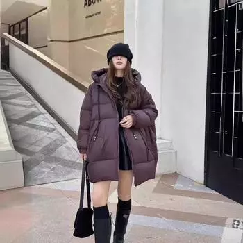Осень и зима новые пуховики женские большого размера корейская версия простого повседневного дизайна средняя и длинная свободная теплая куртка прилив One Size чёрный