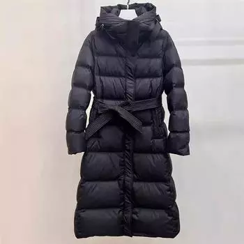 Осень и зима новые пуховики женские длинные облегающие выше колена с капюшоном талия тонкий пояс теплая куртка прилив M чёрный