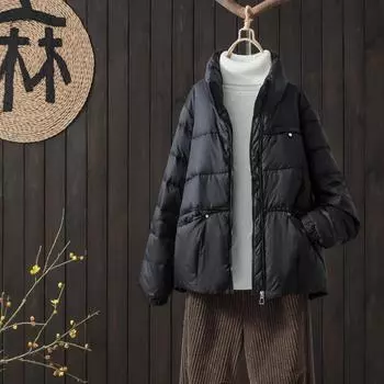 Осень и зима новые пуховики женские короткие модные куртки из хлеба корейская версия свободная белая куртка с воротником-стойкой из утиного пуха прилив S хаки