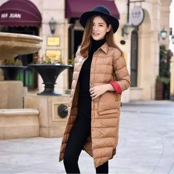Осень и зима новые пуховики женские средние и длинные легкие пуховики женские корейские версии тонкие повседневные куртки с воротником-стойкой S хаки