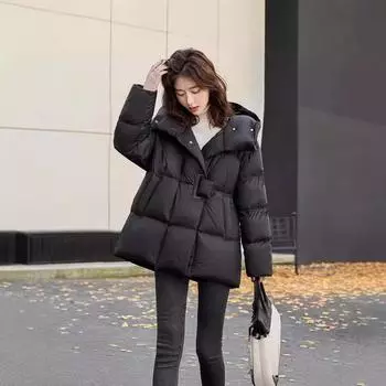 Осень и зима новые пуховики женские средние и длинные темперамент дизайн чувство европейские товары высокое чувство свободный белый утиный пуховик S (recommended weight 80-65kg) чёрный