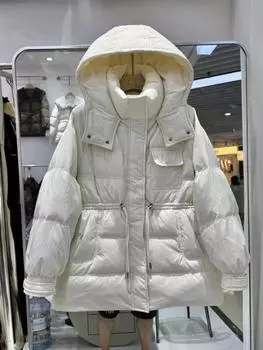 Осень и зима новые пуховики женские средние и длинные с капюшоном на талии с завязками утолщенные модные теплые куртки на утином пуху S recommends within 62.5 kg