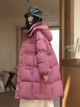 Осень и зима новые пуховики женские средние и длинные свободные повседневные универсальные утолщенные белые пуховики S recommends within 65kg