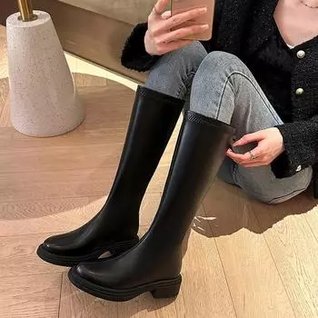 Осень и зима Новые сапоги специального дизайна Женские рыцарские сапоги с толстой подошвой Маленькие сапоги ниже колена с застежкой-молнией сзади 35 чёрный