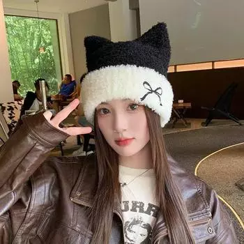 Осень и зима новые шапки женские милые шапки с кошачьими ушками зимние теплые вязаные шерстяные шапки показать лицо маленькая холодная шапка прилив one size fits all хаки