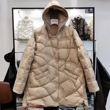 Осень и зима новые средние и длинные пуховики женские легкие и тонкие с капюшоном модный дизайн корейская версия белой куртки на утином пуху прилив S хаки