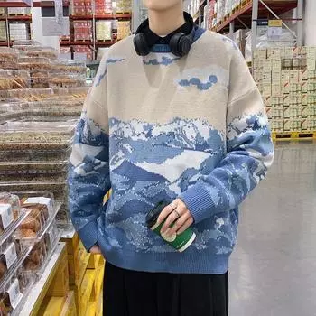 Осень и зима Новые свитера мужские Байюнь Снежные горы узор трикотаж утолщенный универсальный стиль пара свободные трикотажные рубашки топы M темно-синий