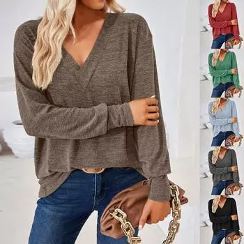 Осень и зима Новые свободные футболки с V-образным вырезом и длинным рукавом с однотонной строчкой для женщин L чёрный