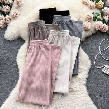 Осень и зима новые свободные прямые повседневные брюки с эластичной резинкой на талии и высокой талией One Size чёрный