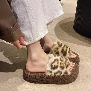 Осень и зима новые тапочки с леопардовым принтом женские мягкие подошвы модное слово обувь Мао Мао Интернет знаменитости дома мягкие подошвы хлопковые тапочки женские 35 чёрный