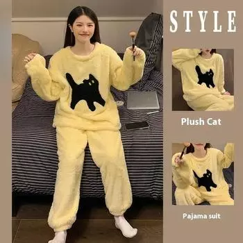 Осень и зима Новые Теплые пижамы для девочек Домашняя одежда Костюмы для женщин и студентов Коралловые бархатные пижамы для женщин Милая утолщенная домашняя одежда M жёлтый