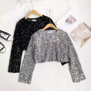 Осень и зима новые топы без талии с круглым вырезом и рукавами-пузырьками с блестками и блестками
