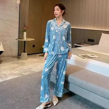 Осень и зима Новые винтажные напечатанные свободные пижамы женские золотистые бархатные брюки с длинными рукавами домашняя одежда костюм верхняя одежда M синий