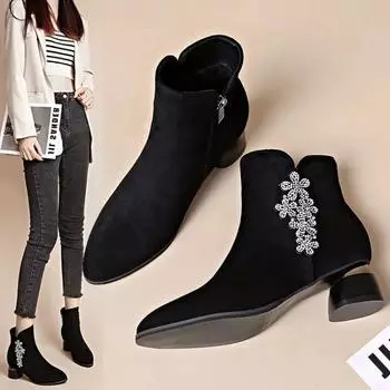 Осень и зима Новые замшевые поясные женские ботинки Is Сапоги на толстом каблуке Низкий каблук Мягкая подошва Is Сапоги 35 чёрный