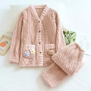 Осень и зима Новые женские фланелевые пижамы с длинными рукавами, брюки из двух частей, плотные, теплые, милые, мягкие, свободные, домашний комплект для женщин M