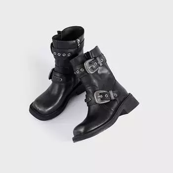 Осень и зима Новые женские короткие сапоги на грубом каблуке с квадратным носком и пряжкой на ремне с боковой молнией, рыцарские сапоги, модные мотоциклетные сапоги 35 чёрный