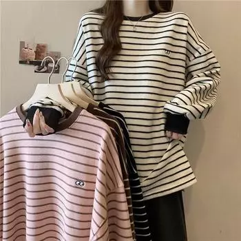 Осень и зима Новые женские полосатые стеганые нижние рубашки для девочек топы из бархата свободный свитер внутренняя футболка пижамы топы M розовый
