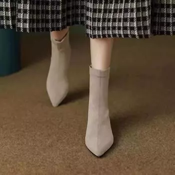 Осень и зима Новые женские сапоги из искусственной замши с острым носком и молнией Сексуальные ботильоны Твердые элегантные высокие каблуки Zapatos Para Mujeres 35