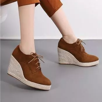 Осень и зима Новые женские туфли на танкетке Туфли на толстой подошве со шнуровкой Эспадрильи На высоком каблуке На толстом каблуке Соломенная плетеная обувь 36