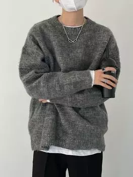 Осень и зима новый американский модный ретро свитер мужской Y2K свободный персонализированный повседневный круглый вырез плюшевый свитер S серый