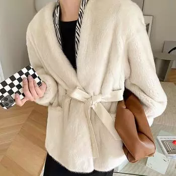 Осень и зима новый бархатный цельный мех норки молодая норковая шуба на шнуровке тонкая норковая шуба женская S слоновая кость