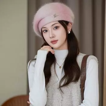 Осень и зима новый берет из кроличьей шерсти темперамент универсальная вязаная шерстяная шапка теплая модная шапка художника женская шапка one size розовый