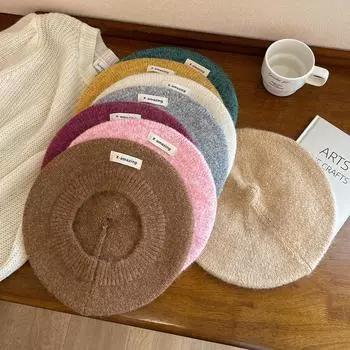 Осень и зима новый берет универсальный малярный колпак ретро иностранный стиль нашивка буква вязаная шерстяная женская шапка M (56-58cm) letter marked X - amazing темно-коричневого