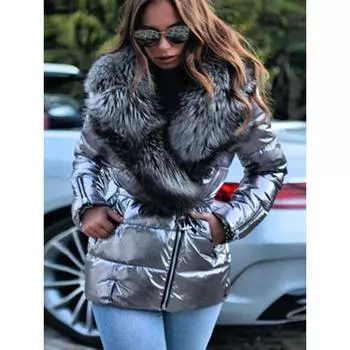 Осень и зима Новый блестящий большой меховой воротник короткая с длинными рукавами хлопковая подкладка одежда пуховая хлопковая подкладка женская S