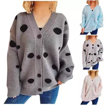 Осень и зима новый большой вязаный кардиган в горошек с V-образным вырезом однобортный свитер куртка для женщин L