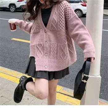 Осень и зима новый британский стиль колледжа темперамент элегантный асимметричный модный свитер с V-образным вырезом женский ленивый вязаный свитер с длинными рукавами one size fits all абрикосовый