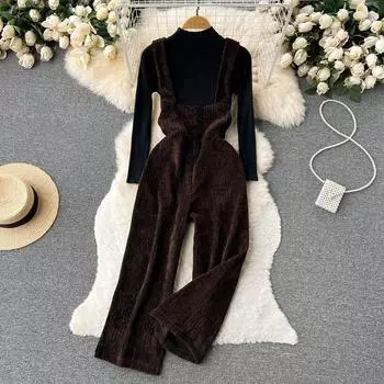 Осень и зима, новый черный вязаный свитер в студенческом стиле с высоким воротником + вельветовая спинка и широкие брюки, комплект из двух предметов