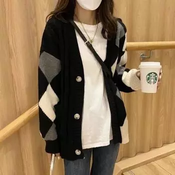 осень и зима новый цветной свитер с ромбами куртка женская корейская версия мода ленивый стиль свободный вязаный кардиган топ One Size