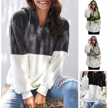 Осень и зима, новый цветной свитер, женский женский плюшевый свитер на молнии с длинными рукавами в европейском и американском стиле, теплая толстовка S чёрный