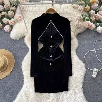 Осень и зима, новый дизайн, бархатное полое жемчужное сексуальное платье трапециевидной формы, модное темпераментное платье