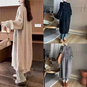 Осень и зима новый дизайн чувство утолщенный вязаный кардиган пальто женский универсальный свободный темперамент ленивое пальто длинный свитер one size fits all серый