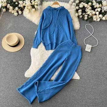 Осень и зима, новый дизайн, комплект Sense, свободный свитер с капюшоном и драпировкой, широкие брюки, комплект из двух предметов