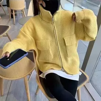 Осень и зима новый дизайн ниша ленивый стиль молния мягкий восковой свободный свитер куртка женский вязаный свитер кардиган женский one size fits all жёлтый