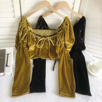 Осень и зима, новый дизайн, плиссированные бархатные короткие топы с квадратным вырезом и рукавами-пузырьками на шнуровке