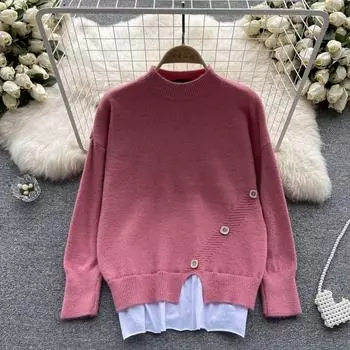 Осень и зима новый дизайн с круглым вырезом Sense Ложные две части подол с открытой пряжкой и длинными рукавами свободный пуловер-свитер