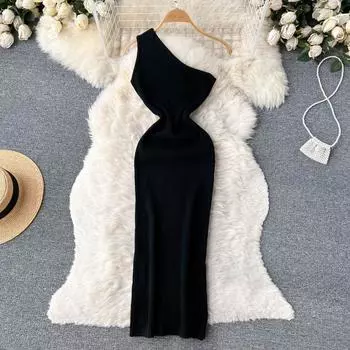 Осень и зима новый дизайн Sense с покатыми плечами без бретелек на талии тонкий темперамент Хепберн ветер пакет хип вязаное платье