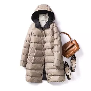 Осень и зима новый двухсторонний пуховик с капюшоном женский средней и длинной длины модный прессованный резиновый легкий 90 белый утиный пуховик M светло-синий