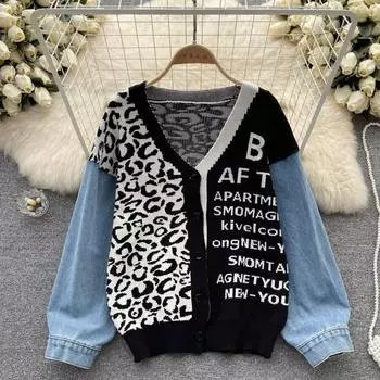 Осень и зима, новый джинсовый свободный свитер с v-образным вырезом и надписью, темпераментный трикотаж, ложные двойки