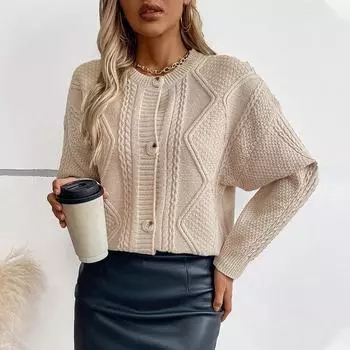 Осень и зима новый европейский и американский вязаный кардиган на пуговицах ретро круглый вырез с длинными рукавами свитер куртка для женщин S