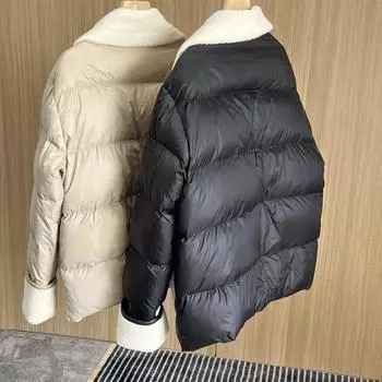 Осень и зима новый европейский меховой станционный сращивание утолщенный костюм воротник теплая куртка пуховик женская короткая куртка прилив S чёрный