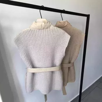 Осень и зима новый европейский пуховик женский короткий жилет жилет пояс трикотажный сращивание высококачественный белый утиный пух One Size чёрный