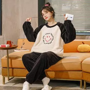 Осень и зима, новый фланелевой комплект с длинными рукавами для любителей мультфильмов, сладкий свободный коралловый бархат, домашняя одежда, пижамы M белый