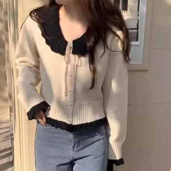 Осень и зима новый французский ретро кукольный вязаный свитер для женщин нежный стиль свободный короткий свитер тренд