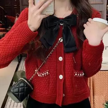 Осень и зима новый французский ретро маленький аромат сладкий твист кардиган свитер бант вязаный кардиган куртка женская average size бежевый